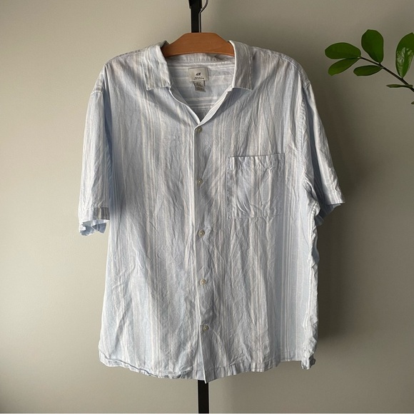 H&M Linen Cotton Striped Blue White Casual Button Down Shirt Mens Size XL - Picture 1 of 6
